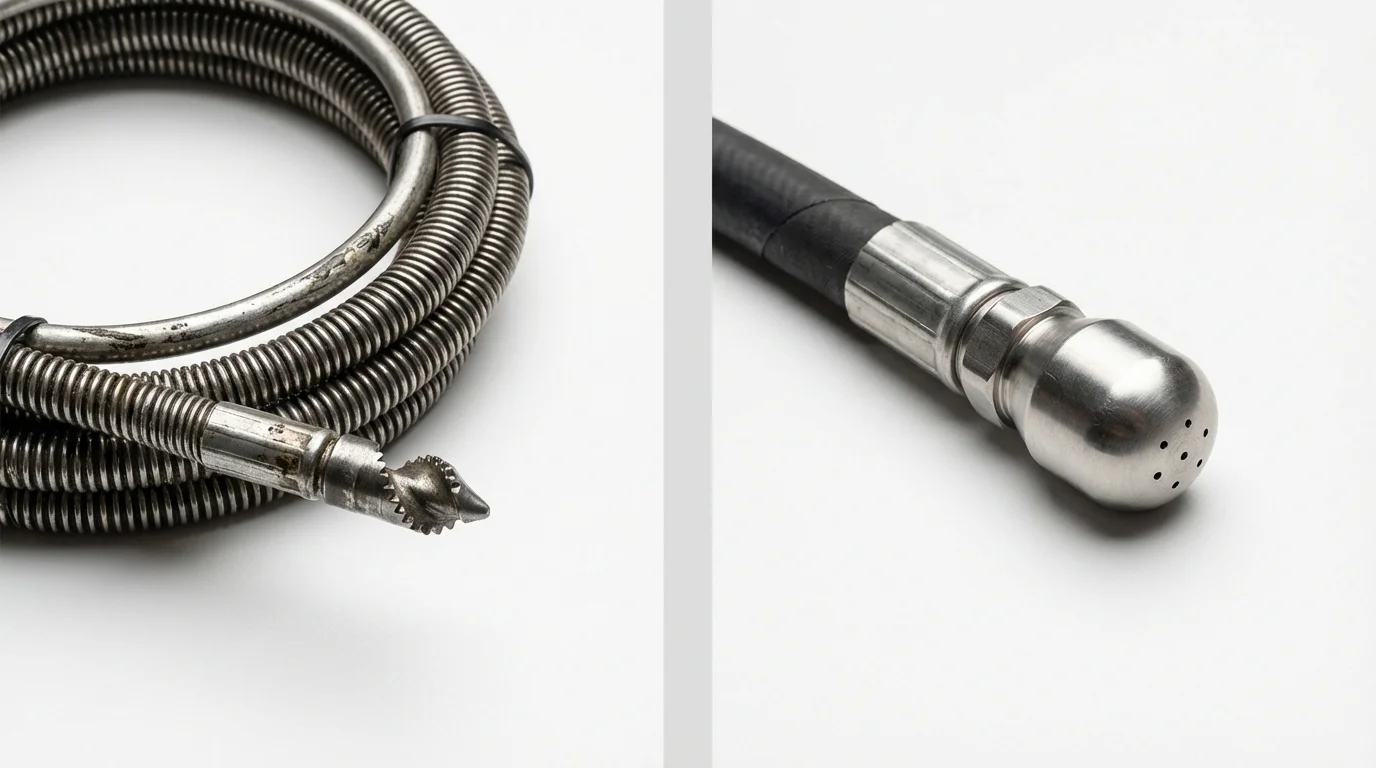 Drain snake cable and hydro jetting nozzle used for drain cleaning in Urbana, IL