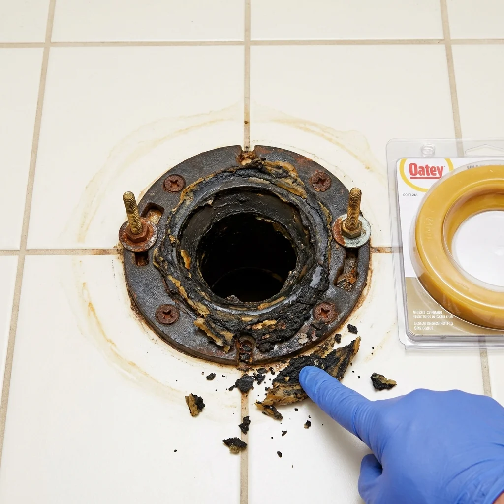 Failed wax ring showing water seepage at the base of a toilet in a Urbana, IL home