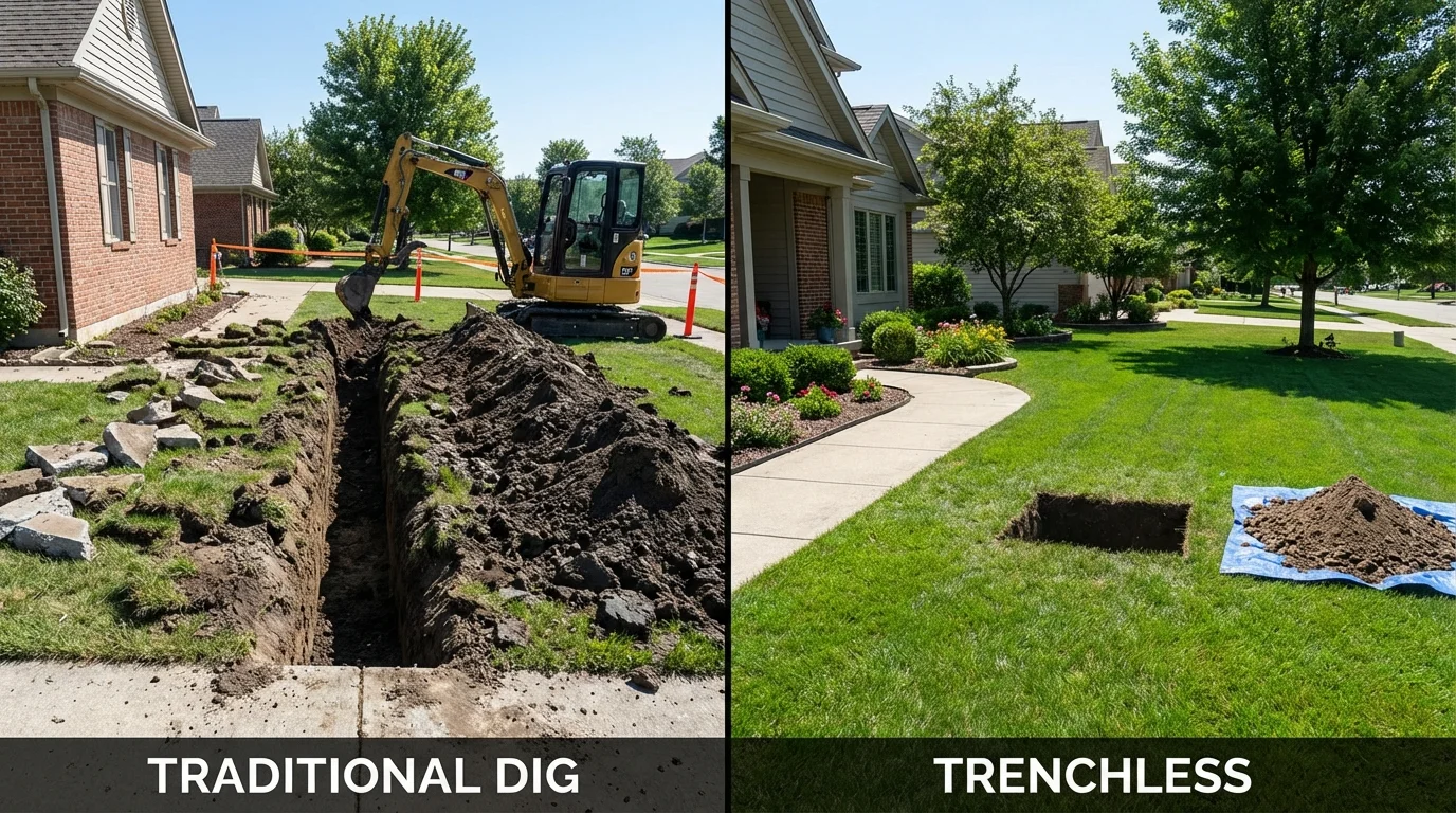 Trenchless sewer repair with minimal yard damage versus traditional excavation in Urbana, IL