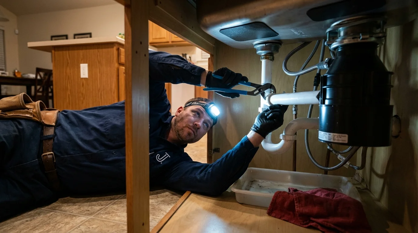 P-trap and supply line connections under a kitchen sink showing a common leak point in Urbana, IL